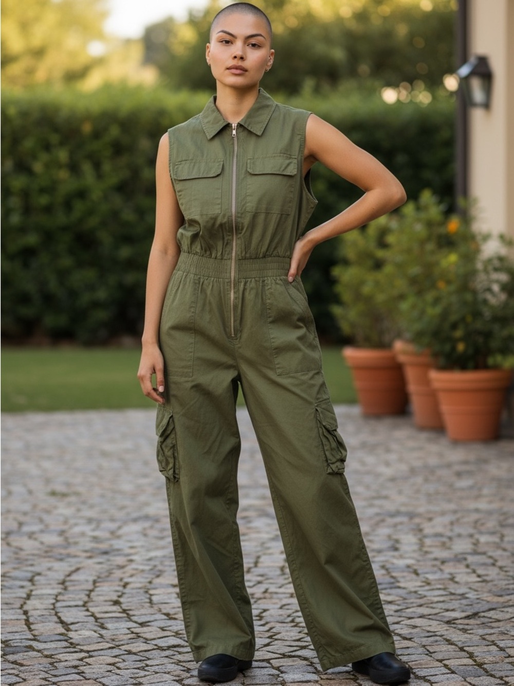 Sincerely Jules Olive Utility Sleeveless Cargo Jumpsuit